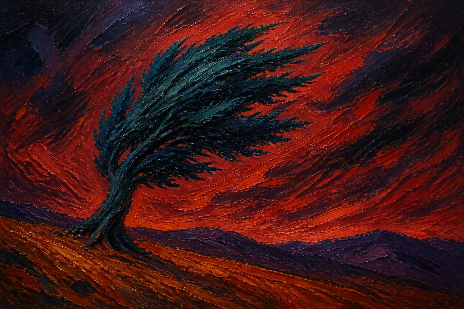 نقاشی اکسپرسیونیستی افقی از سرو خم‌شده در باد مقابل آسمان سرخ تیره