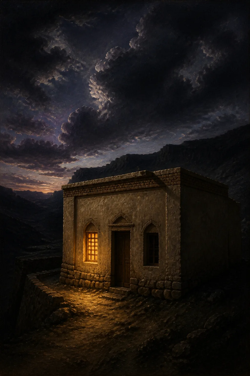 نقاشی باروک عمودی از خانه‌ای سنگی در درهٔ تاریک با یک پنجرهٔ طلایی روشن