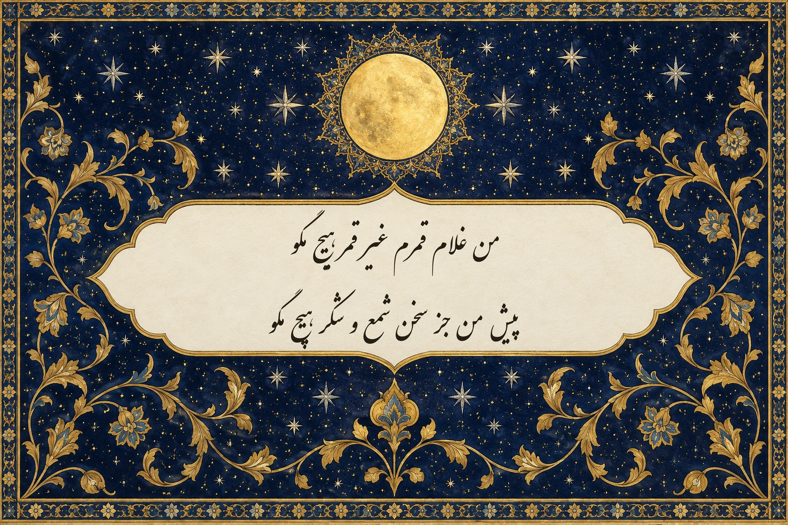 بیتی از مولانا به خط نستعلیق در کتیبه‌ی مهتابی با تذهیب شبانه‌ی لاجوردی و شمسه‌ی زرین
