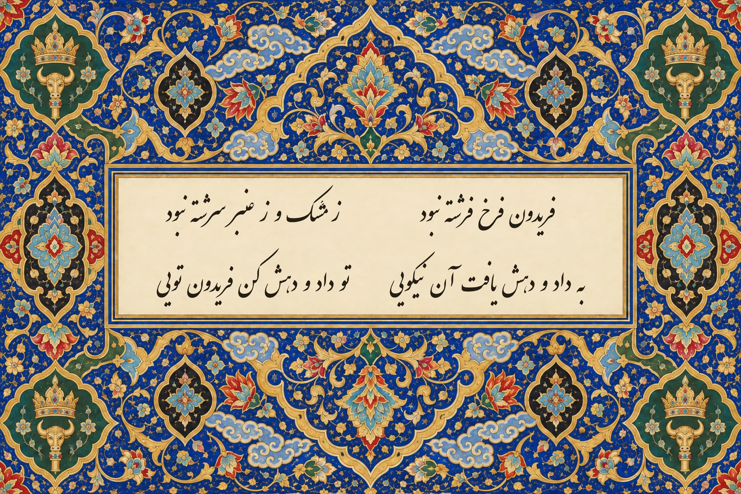 دو بیت شاهنامه فردوسی درباره فریدون به خط نستعلیق در کتیبهای افقی، با تذهیب لاجوردی و طلا و نقش تاج کیانی و گرز گاوسر