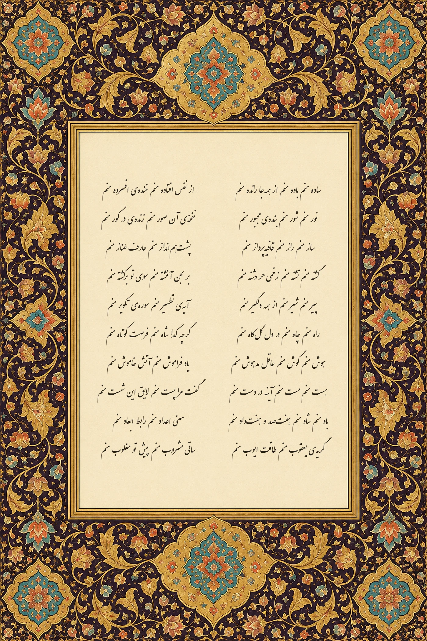 ده بیت غزل «ساده منم باده منم» به خط نستعلیق در کتیبهی عاجی، با تذهیب لاکی بادمجانی و طلا