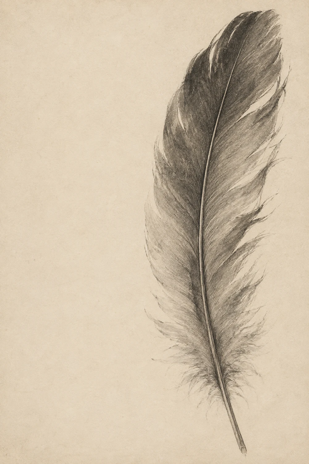 یک پر بلند در اندازهٔ واقعی با زغال نرم روی زمینهٔ استخوانی