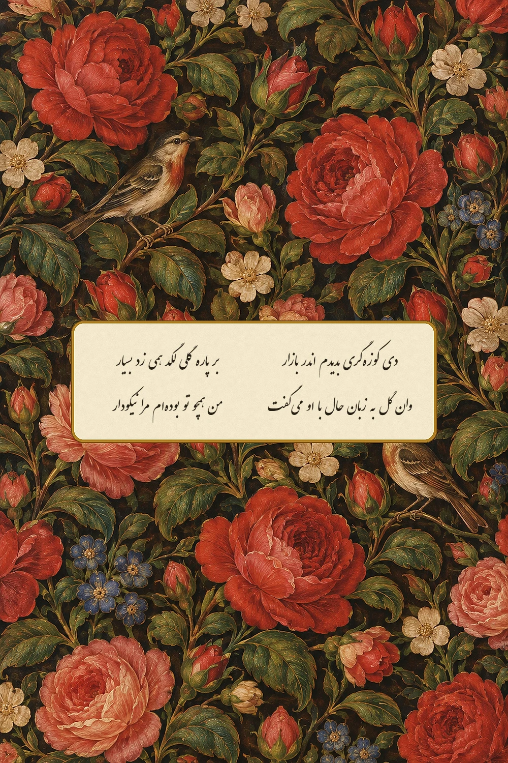 رباعی «دی کوزه‌گری بدیدم اندر بازار» از خیام به خط نستعلیق در کتیبه‌ی عاجی، با حاشیه‌ی لاکی گل و مرغ